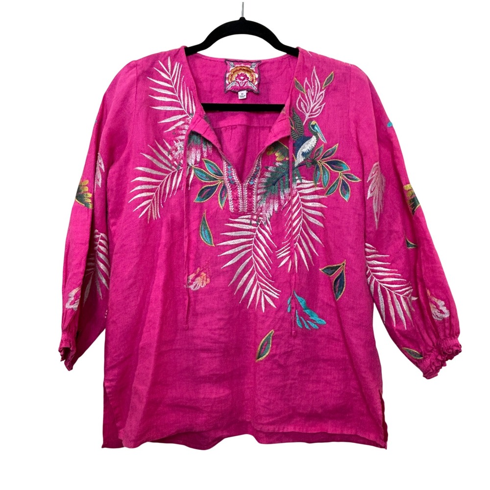 Johnny Was Embroidered Linen Tunic Womens XS Pink Tropical Pelican Palm Blouse